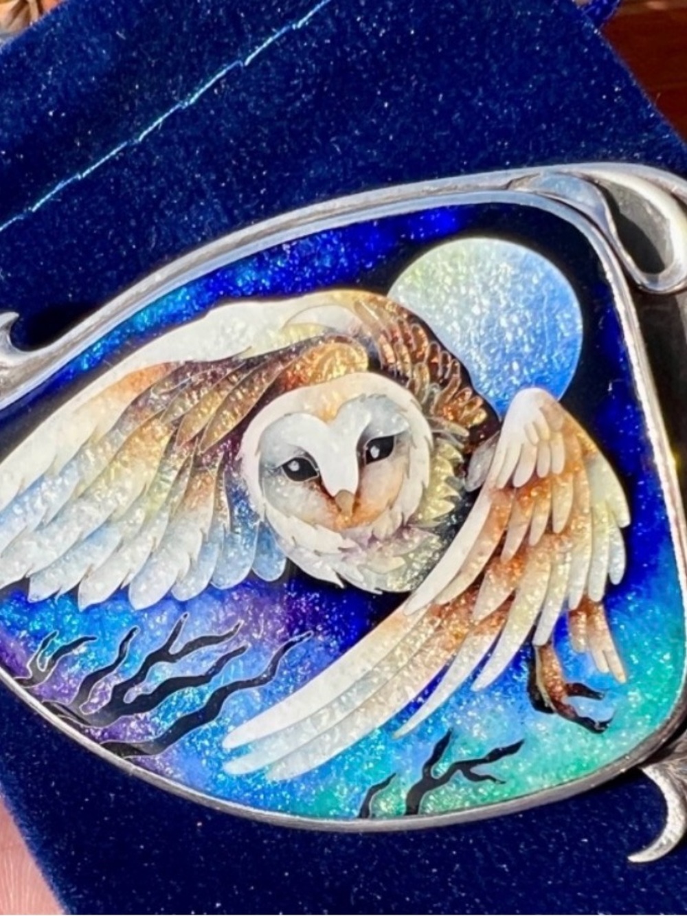 Owl Inlay Pendant Necklace in Blue and White